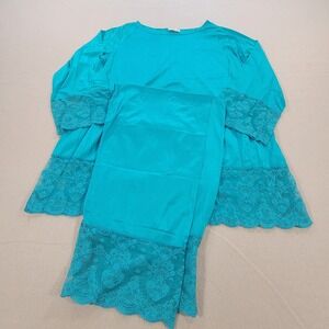 Vintage Gilead Lace Lounge Set Teal Top Pants Pajamas Made In USA Women's Large